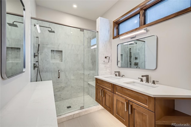 308 Creekside Aly Unit 5, Frisco, CO 80443 - bathroom with a stall shower, double vanity, tile patterned flooring, and recessed lighting
