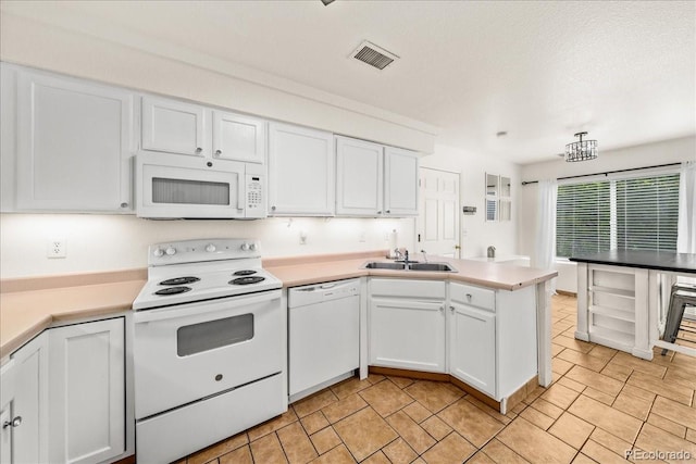 21562 E 47th Ave, Denver, CO 80249 - kitchen featuring white appliances, visible vents, a sink, a peninsula, and white cabinets