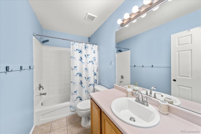 21562 E 47th Ave, Denver, CO 80249 - full bath featuring toilet, shower / bath combo with shower curtain, vanity, visible vents, and tile patterned flooring