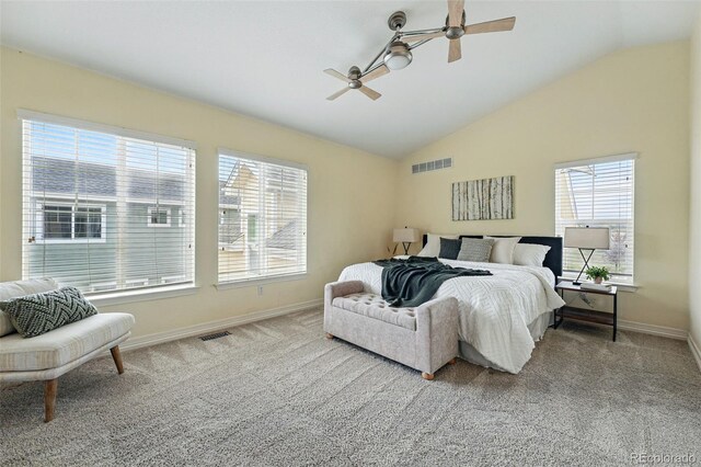 14025 Blue River Trl, Broomfield, CO 80023 - bedroom featuring vaulted ceiling, baseboards, carpet, and a ceiling fan