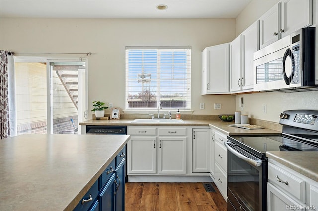 14025 Blue River Trl, Broomfield, CO 80023 - kitchen featuring appliances with stainless steel finishes, a sink, blue cabinetry, white cabinets, and recessed lighting