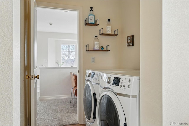 14025 Blue River Trl, Broomfield, CO 80023 - laundry room featuring independent washer and dryer, carpet flooring, and baseboards