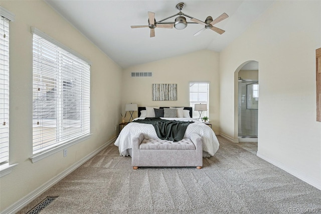 14025 Blue River Trl, Broomfield, CO 80023 - bedroom featuring arched walkways, carpet flooring, ensuite bathroom, lofted ceiling, and baseboards