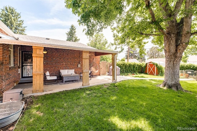 view of yard with a patio and a storage shed