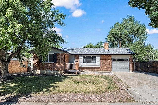 1035 Iris St, Broomfield, CO 80020 - ranch-style house with brick siding, an attached garage, a chimney, and driveway