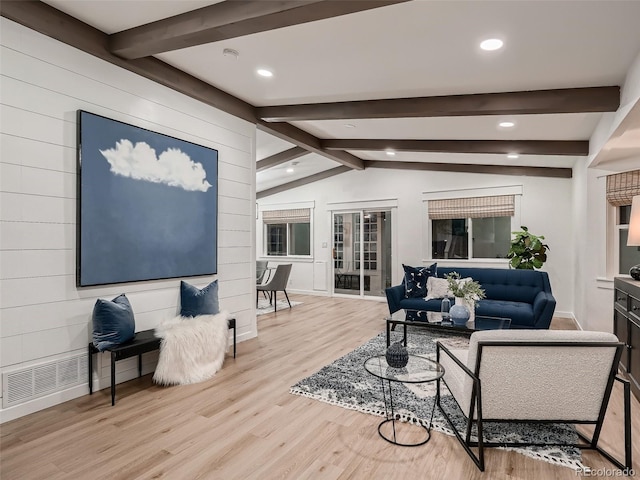 8916 Sunridge Hollow Rd, Parker, CO 80134 - living room featuring visible vents, wood finished floors, baseboards, beamed ceiling, and recessed lighting