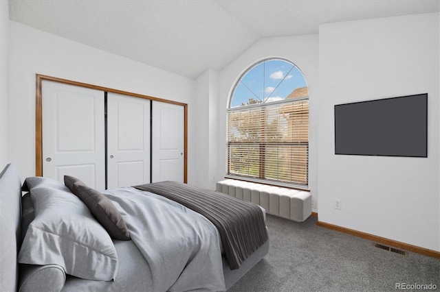 1770 S Quintero Way, Aurora, CO 80017 - carpeted bedroom featuring lofted ceiling, radiator, a closet, visible vents, and baseboards