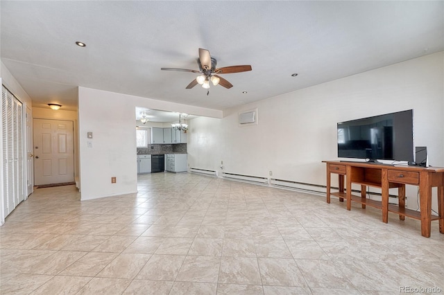 living area featuring light tile patterned floors, baseboards, and ceiling fan with notable chandelier