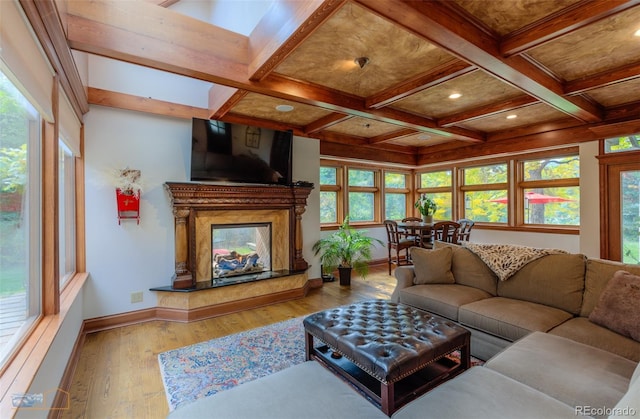 3737 26th St, Boulder, CO 80304 - living room with beam ceiling, hardwood / wood-style flooring, coffered ceiling, healthy amount of natural light, and a premium fireplace