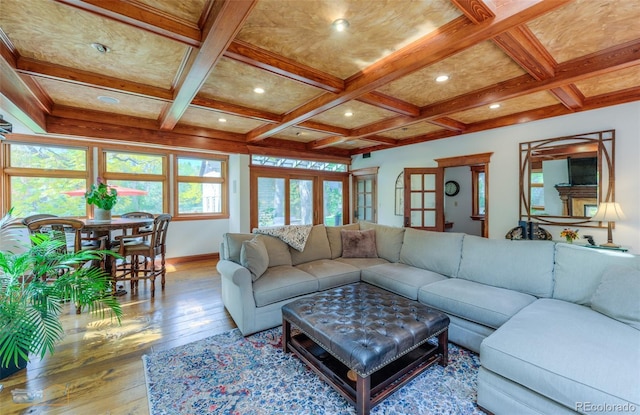 3737 26th St, Boulder, CO 80304 - living area with hardwood / wood-style floors, coffered ceiling, beam ceiling, and recessed lighting