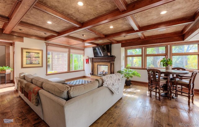 3737 26th St, Boulder, CO 80304 - living area with coffered ceiling, dark wood-type flooring, beamed ceiling, a premium fireplace, and recessed lighting