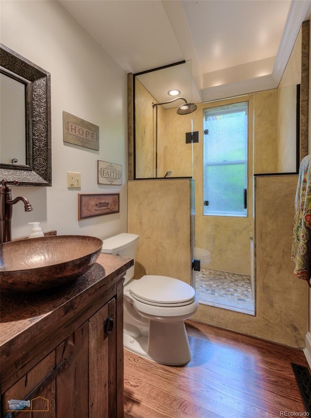 3737 26th St, Boulder, CO 80304 - full bathroom featuring a shower stall, vanity, and wood finished floors