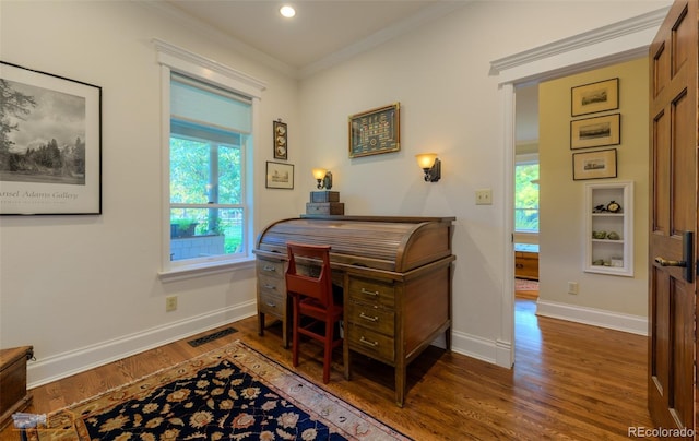 3737 26th St, Boulder, CO 80304 - home office featuring wood finished floors, crown molding, and recessed lighting