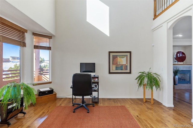 office space featuring light hardwood / wood-style flooring and a fireplace