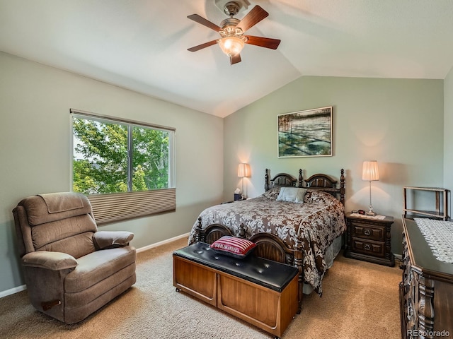 24519 E Louisiana Cir, Aurora, CO 80018 - bedroom featuring light colored carpet, lofted ceiling, and ceiling fan