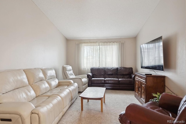 living room with vaulted ceiling, light colored carpet, and a textured ceiling