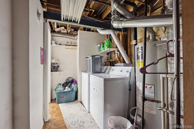 laundry room with water heater and washing machine and clothes dryer