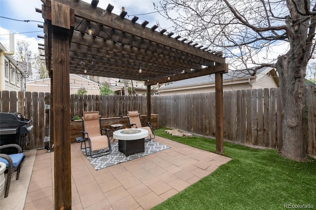 view of patio / terrace with an outdoor fire pit, a pergola, a fenced backyard, and grilling area