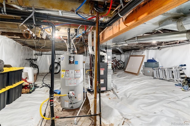 unfinished below grade area featuring water heater and heating unit
