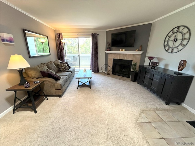 4676 White Rock Cir Unit 12, Boulder, CO 80301 - living room featuring ornamental molding, light carpet, and a tile fireplace