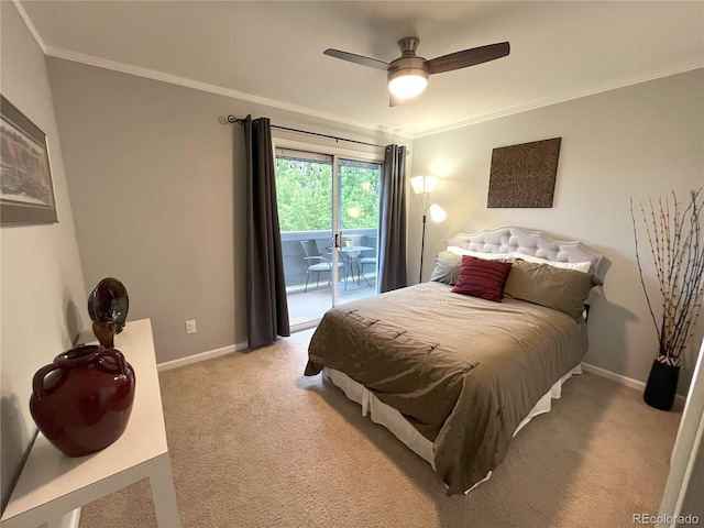 4676 White Rock Cir Unit 12, Boulder, CO 80301 - bedroom featuring access to outside, crown molding, light colored carpet, and a ceiling fan