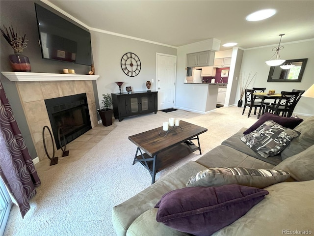 4676 White Rock Cir Unit 12, Boulder, CO 80301 - living area featuring light carpet, ornamental molding, and a tile fireplace