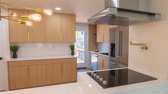 2441 W 55th Ave, Denver, CO 80221 - kitchen featuring stainless steel appliances, extractor fan, light brown cabinetry, backsplash, and open shelves