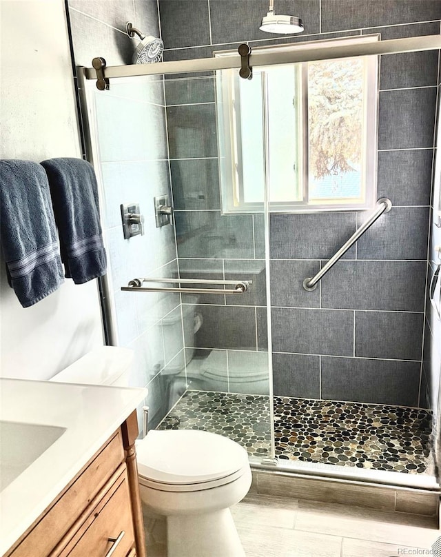 4383 S Eagle Cir, Aurora, CO 80015 - bathroom featuring a shower stall, toilet, and vanity