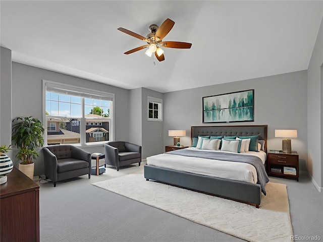2485 Greensborough Cir, Highlands Ranch, CO 80129 - bedroom with carpet floors, lofted ceiling, and a ceiling fan
