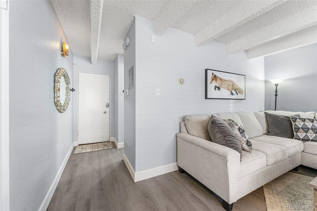 living room featuring wood-type flooring and beam ceiling