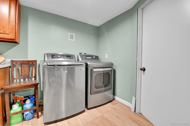 2580 Valley View Dr, Denver, CO 80221 - laundry room featuring cabinet space, washer and clothes dryer, light wood-type flooring, and baseboards