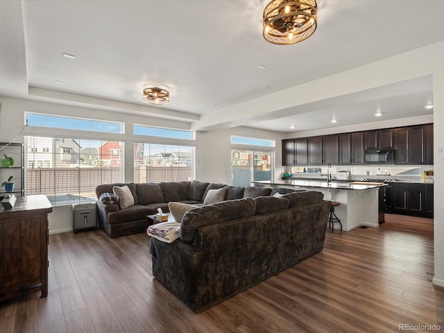 living room with sink and dark hardwood / wood-style floors