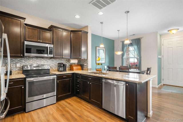 kitchen with appliances with stainless steel finishes, light wood finished floors, a peninsula, backsplash, and visible vents