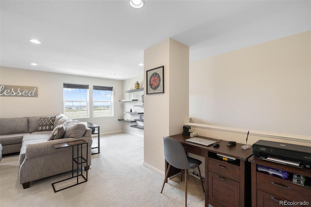 office featuring recessed lighting, baseboards, and light colored carpet