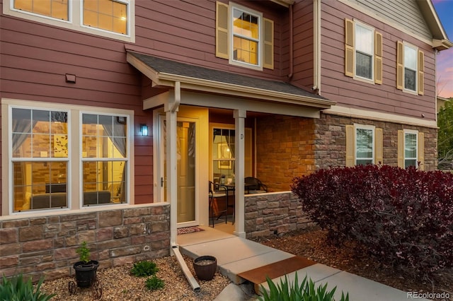 property entrance with stone siding