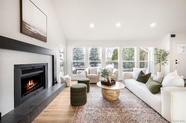 living room featuring vaulted ceiling and a fireplace