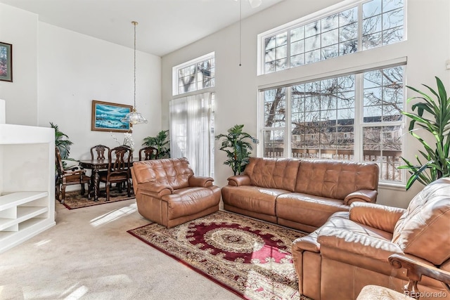 living area featuring carpet floors and a towering ceiling