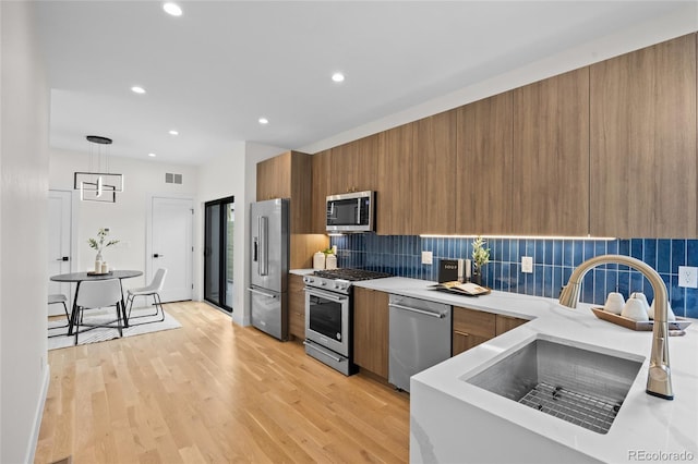 1747 Lowell Blvd, Denver, CO 80204 - kitchen with appliances with stainless steel finishes, a sink, brown cabinets, modern cabinets, and backsplash