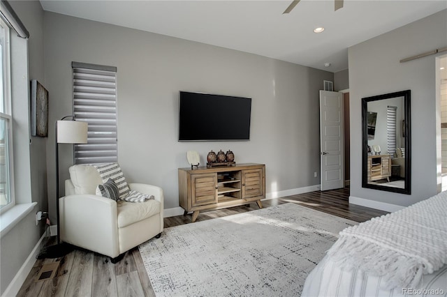 bedroom with ceiling fan and wood-type flooring