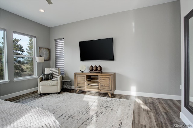 bedroom featuring wood-type flooring and ceiling fan