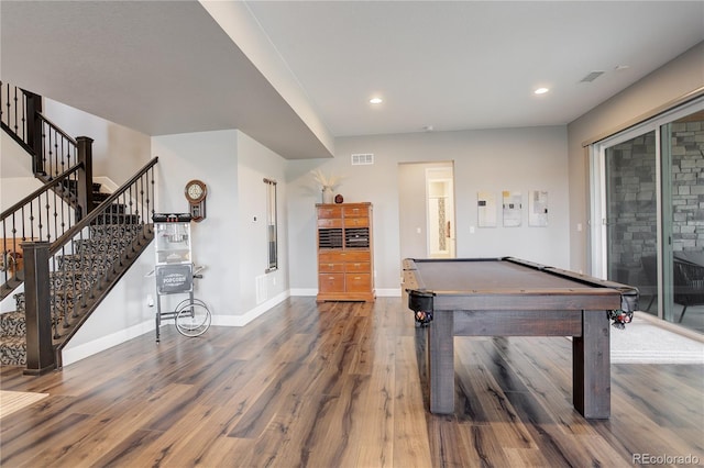 game room featuring dark hardwood / wood-style floors and pool table