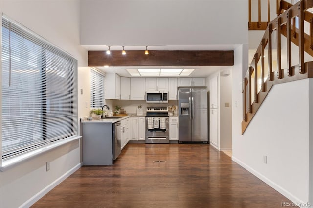 kitchen with baseboards, dark wood finished floors, a sink, stainless steel appliances, and light countertops