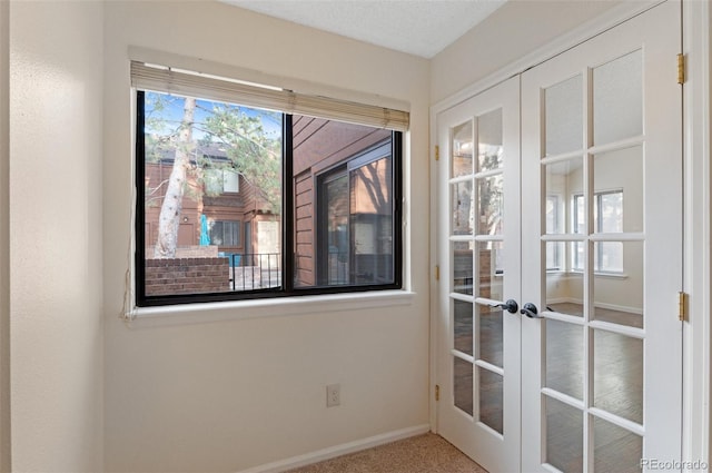 interior space featuring plenty of natural light, french doors, carpet, and baseboards