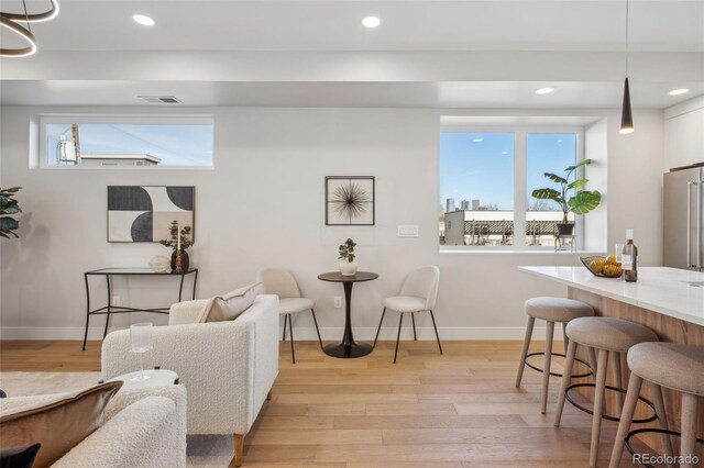 living area featuring baseboards, light wood-type flooring, and a healthy amount of sunlight