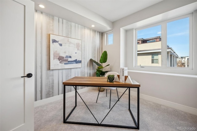 carpeted office space featuring baseboards and recessed lighting