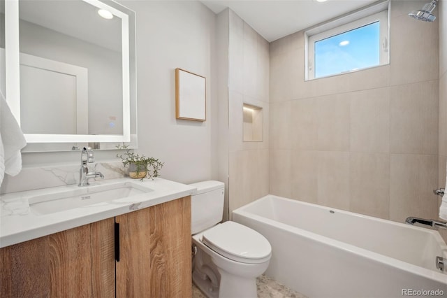 full bathroom with vanity, toilet, bathtub / shower combination, and recessed lighting