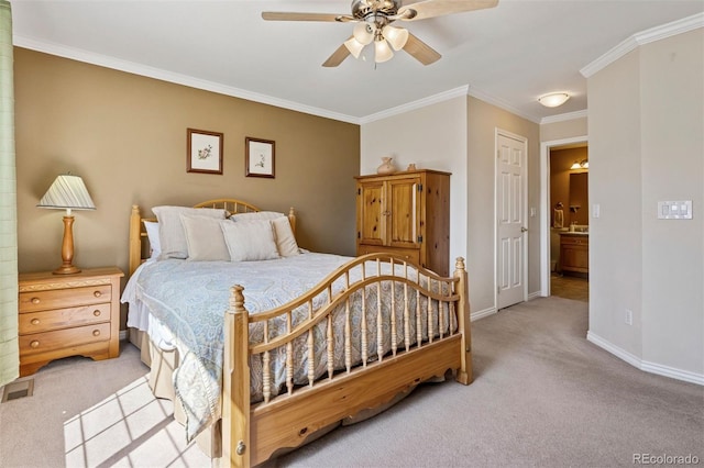 bedroom featuring light carpet, baseboards, ornamental molding, and a ceiling fan