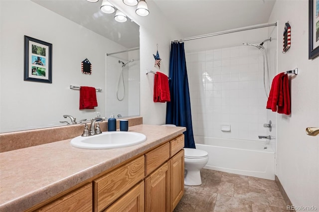 bathroom featuring shower / bathtub combination with curtain, vanity, and toilet