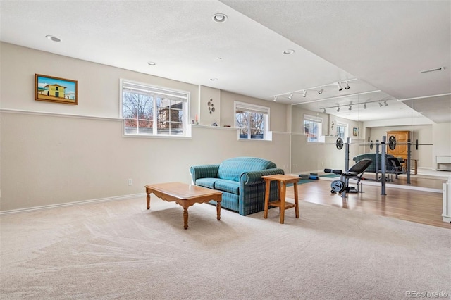 living area featuring carpet, baseboards, plenty of natural light, and recessed lighting