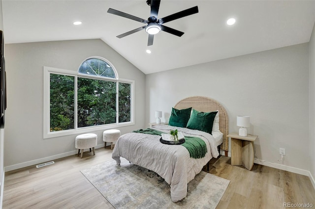 9371 Princeton Ln, Highlands Ranch, CO 80130 - bedroom with vaulted ceiling, light wood-style floors, a ceiling fan, and recessed lighting